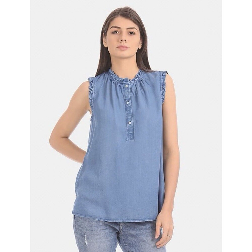 Gap Women's Blue Denim Chambray Blouse Sleeveless Tank Top Buttons Size XS Boho